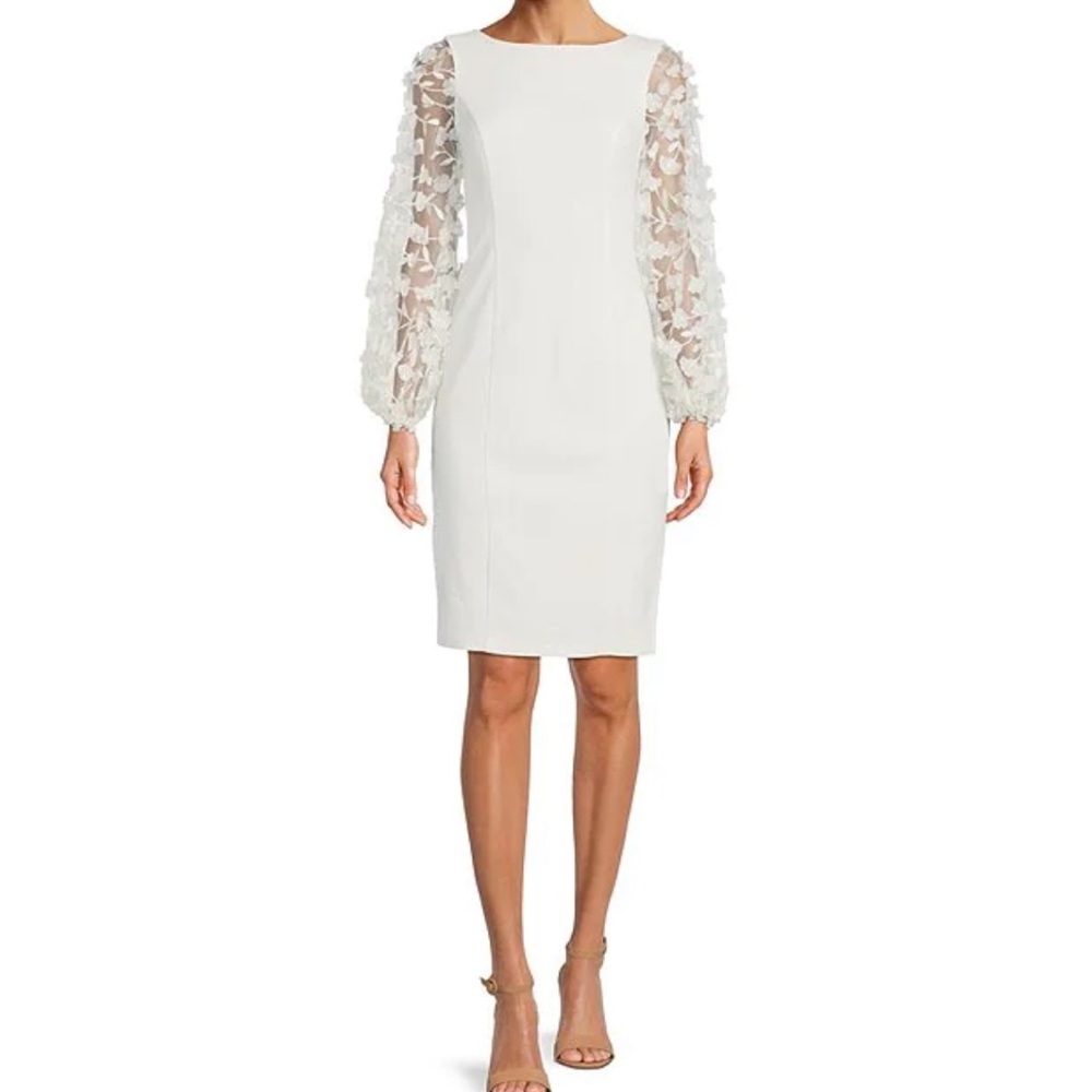 Eliza J 3D Fleurette Round Neck Balloon Long Mesh Floral Applique Sleeve Dress